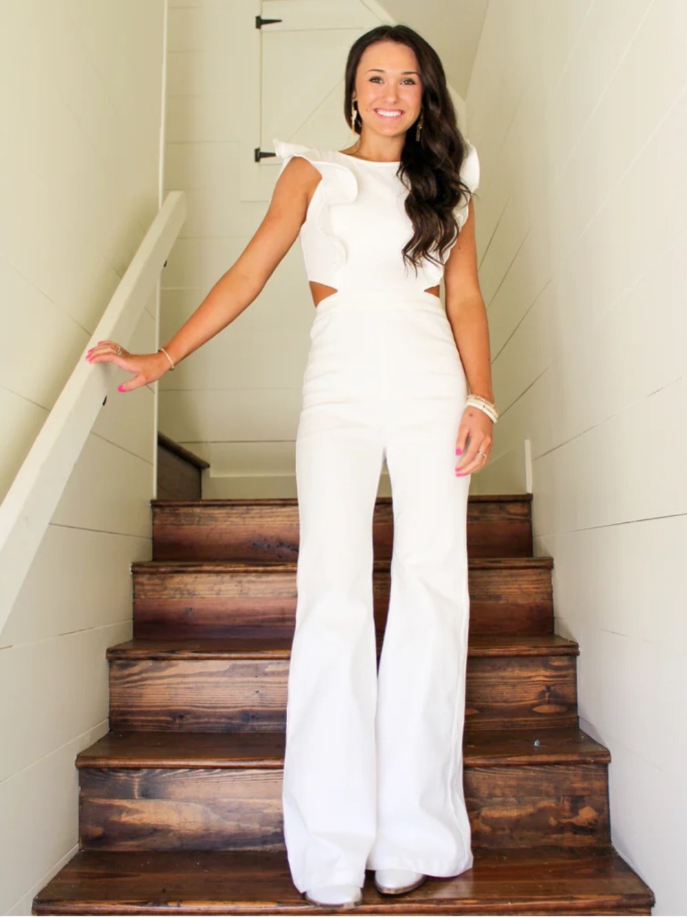 White Ruffle-Shoulder Cutout Jumpsuit